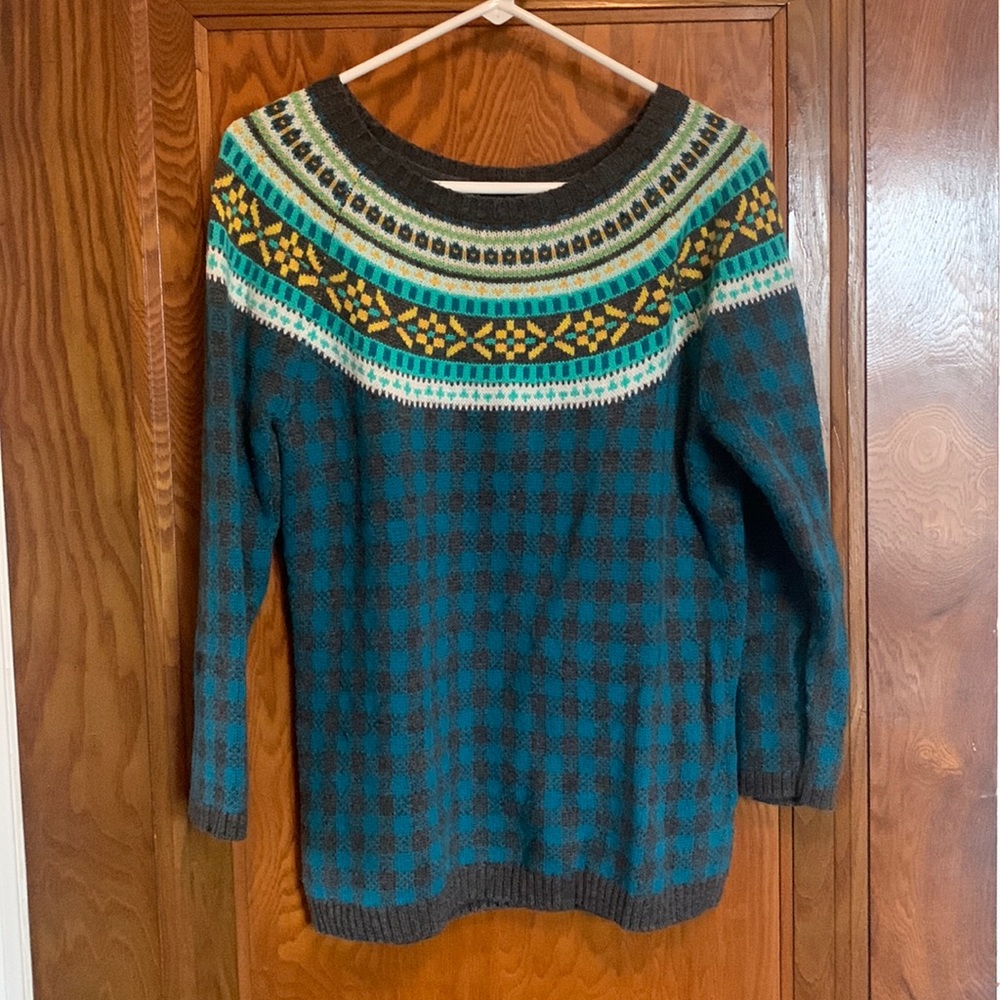 Talbots Fair Isle Sweater- Teal, Grey and Yellow, Lambswool Blend- Women…
